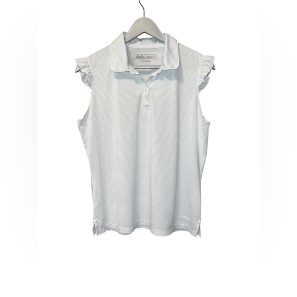 Lady Hagen White Sleeveless Polo with Teal Dots – Size Large - Picture 1 of 5